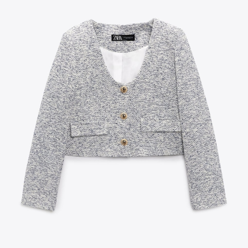 Gold Button Textured Blazer Ecru Blue Zara XS - Picture 4 of 8